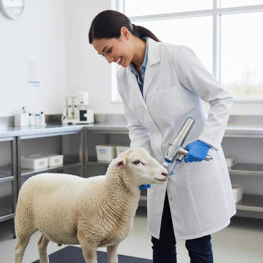 Smiling veterinarian using professional continuous syringe injector on calm animal in clean clinic