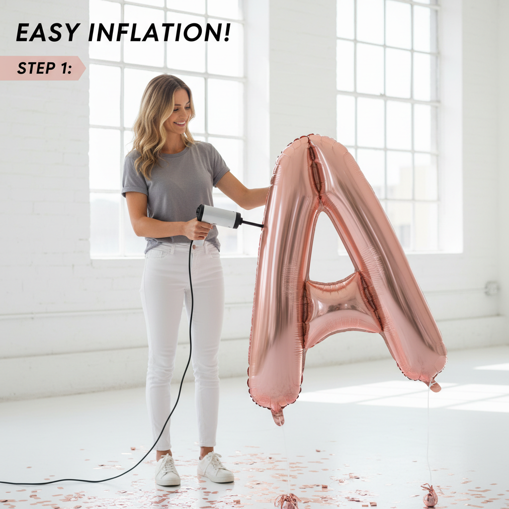 Person inflating rose gold 40-inch foil letter balloon with pump