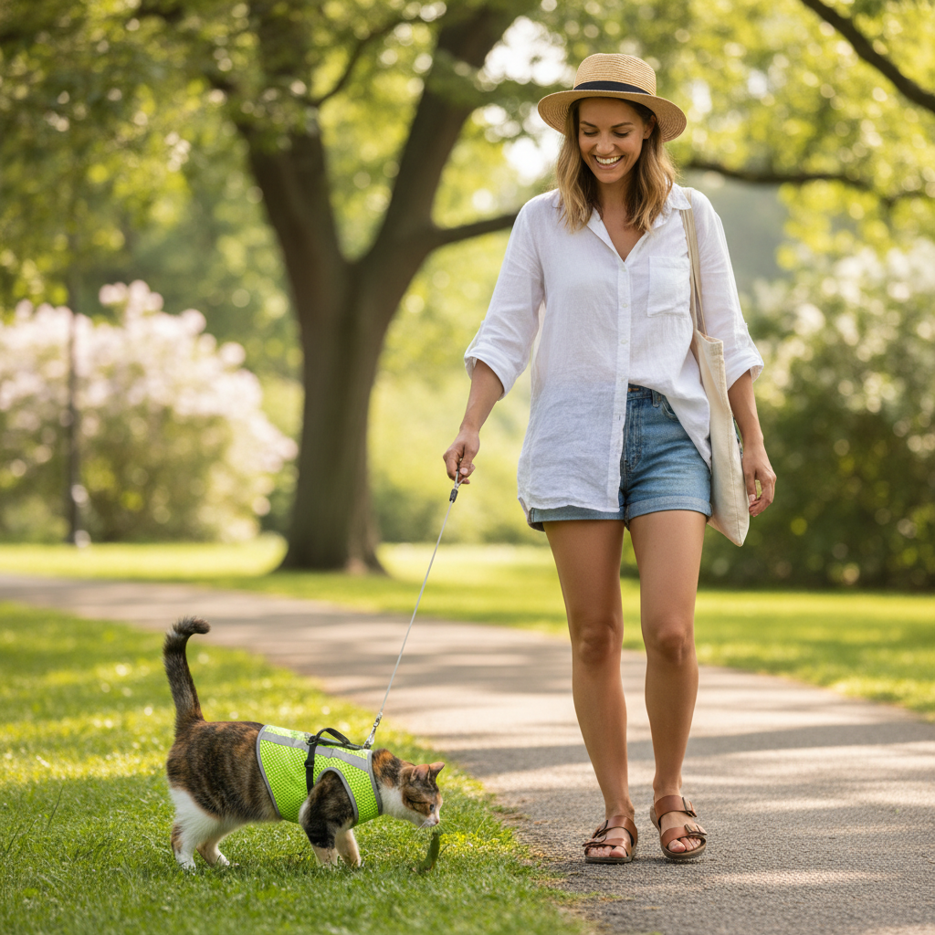 Happy woman walking cat on leash outdoors wearing escape-proof reflective mesh cat harness