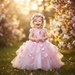 Toddler girl in pink princess flower dress in garden at golden hour