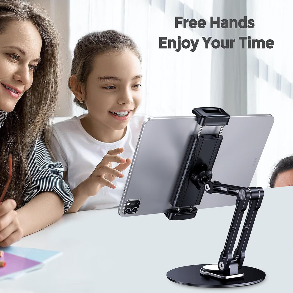 tablet Stand Holder for Ipad, Adjustable with 360 Rotating Base for Desk, Aluminum Swivel Tablet Stand Compatible with Ipad Air, Mini, 10.2,9.7, Pro 11/13 and More, Black