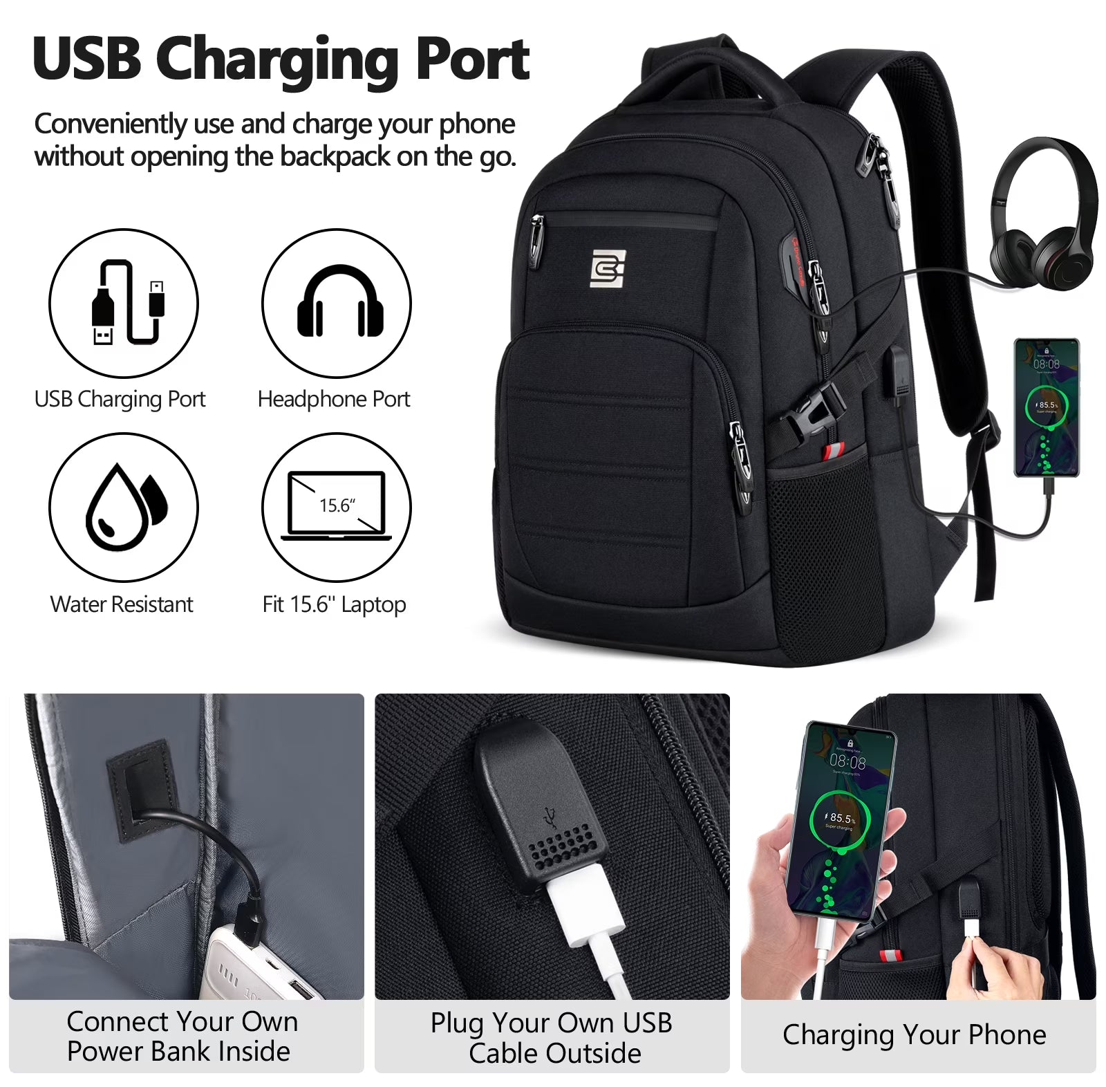 Laptop Backpack with USB Charging Port Water Resistant Backpacks for Adults Work Business Laptop Backpack for Men