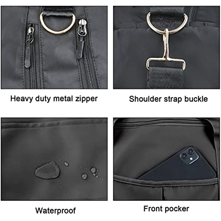 Sports Gym Bag Travel Duffel Bag Waterproof Weekender Overnight Tote Carry on Bag with Wet Pocket & Shoes Compartment for Men Women Lightweight Adjustable Strap Black