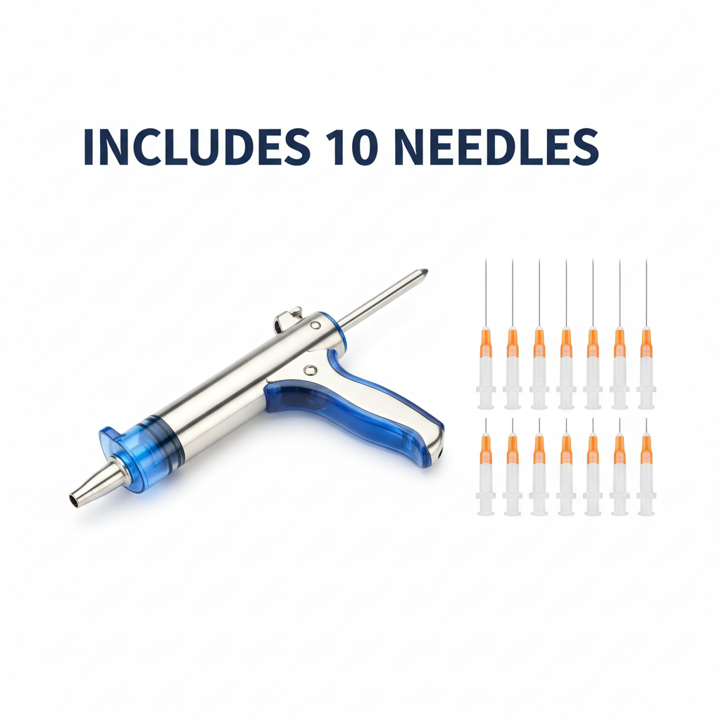 Veterinary Continuous Syringe Gun – Adjustable Dose Animal Injector with 10 Needles