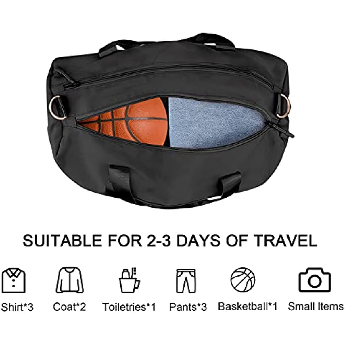 Sports Gym Bag Travel Duffel Bag Waterproof Weekender Overnight Tote Carry on Bag with Wet Pocket & Shoes Compartment for Men Women Lightweight Adjustable Strap Black