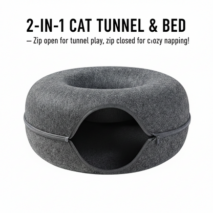 Donut Cat Tunnel Bed & Cave – Natural Felt Pet House with Interactive Toy for Cats