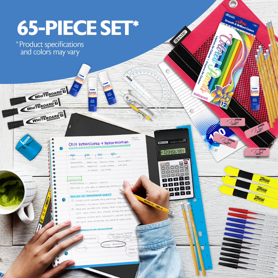BAZIC Middle High School Kit Bundle Supplies Box 65 Count for Student 7-12 Grades,  School Supplies Composition Books Binder and More, SPEC MAY VARY, 1-Pack