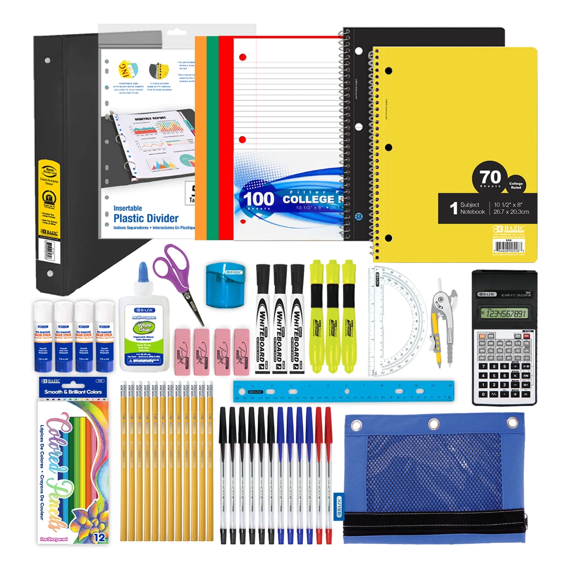 BAZIC Middle High School Kit Bundle Supplies Box 65 Count for Student 7-12 Grades,  School Supplies Composition Books Binder and More, SPEC MAY VARY, 1-Pack