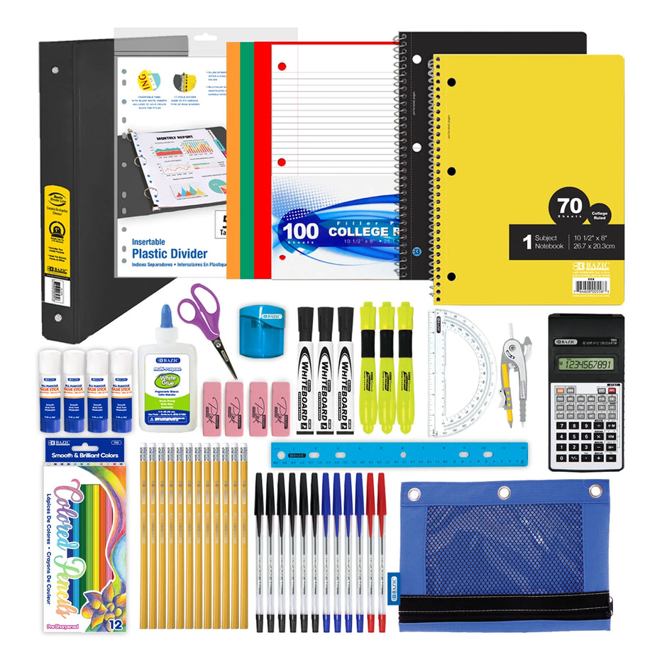 BAZIC Middle High School Kit Bundle Supplies Box 65 Count for Student 7-12 Grades,  School Supplies Composition Books Binder and More, SPEC MAY VARY, 1-Pack