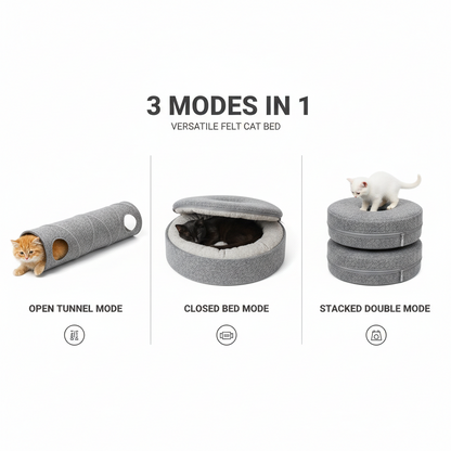 Donut Cat Tunnel Bed & Cave – Natural Felt Pet House with Interactive Toy for Cats