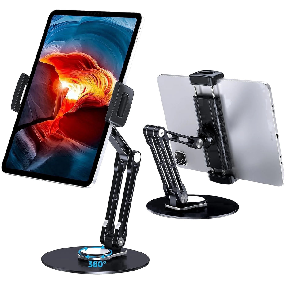 tablet Stand Holder for Ipad, Adjustable with 360 Rotating Base for Desk, Aluminum Swivel Tablet Stand Compatible with Ipad Air, Mini, 10.2,9.7, Pro 11/13 and More, Black