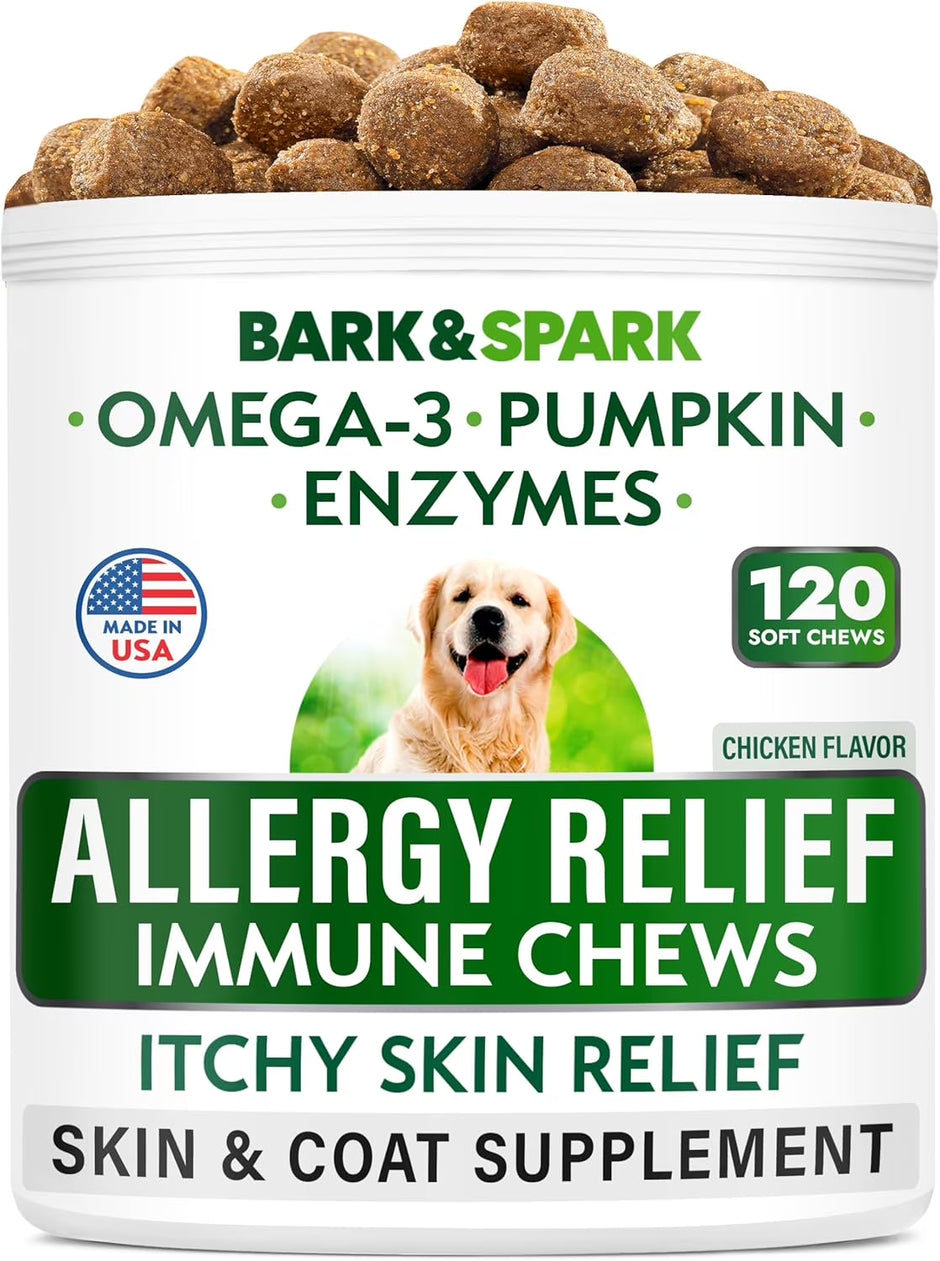 Dog Allergy Relief Chews - Anti-Itch Skin & Coat Supplement - Omega 3 Fish Oil - Itchy Skin Relief Treatment Pills - Itching&Paw Licking - Dry Skin&Hot Spots - (120 Ct - Chicken)