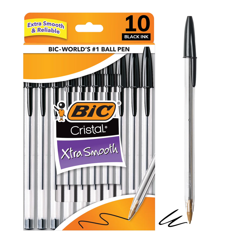 Cristal Xtra Smooth Medium Point Ball Pen, School Supplies, 1.0 Mm, Black, 10-Count