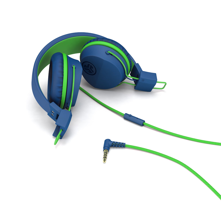 Jbuddies Studio On-Ear Kids Wired Headphones, Blue/Green, Studio Volume Safe, Volume Limiter, Folding, Adjustable, Noise Isolation, with Mic