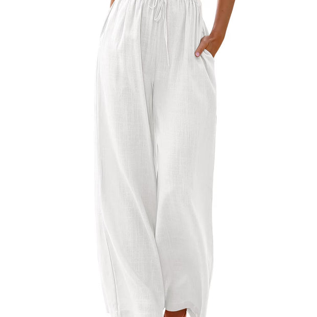 Pants for Women Wide Leg Linen Pant White Summer Casual Palazzo Flowy Pants with Pocket Drawstring Loose Lightweight Pants M