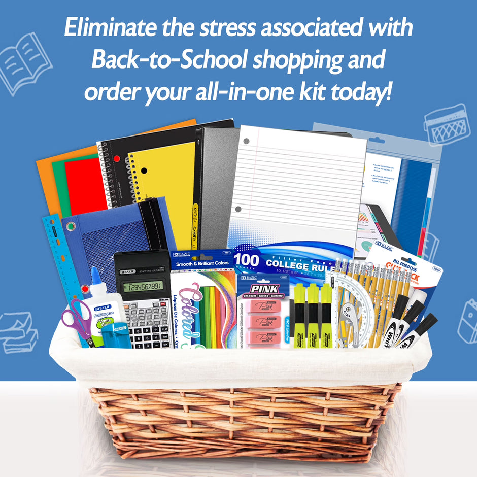 BAZIC Middle High School Kit Bundle Supplies Box 65 Count for Student 7-12 Grades,  School Supplies Composition Books Binder and More, SPEC MAY VARY, 1-Pack
