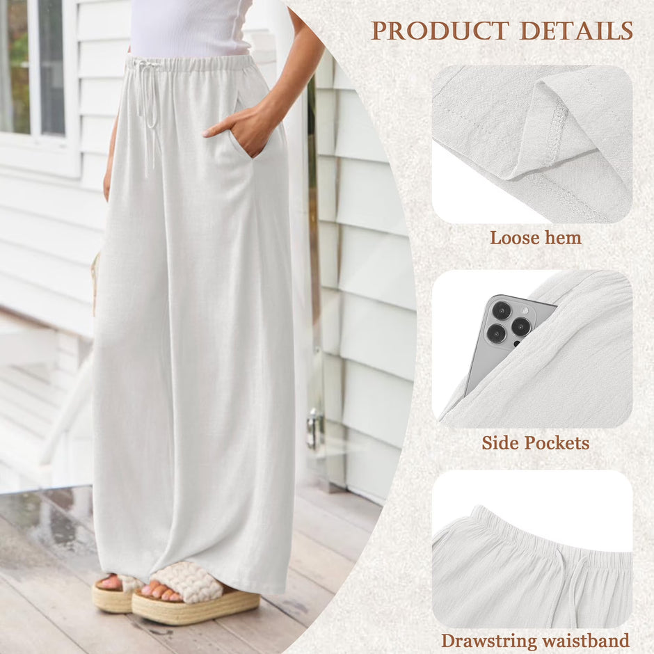 Pants for Women Wide Leg Linen Pant White Summer Casual Palazzo Flowy Pants with Pocket Drawstring Loose Lightweight Pants M
