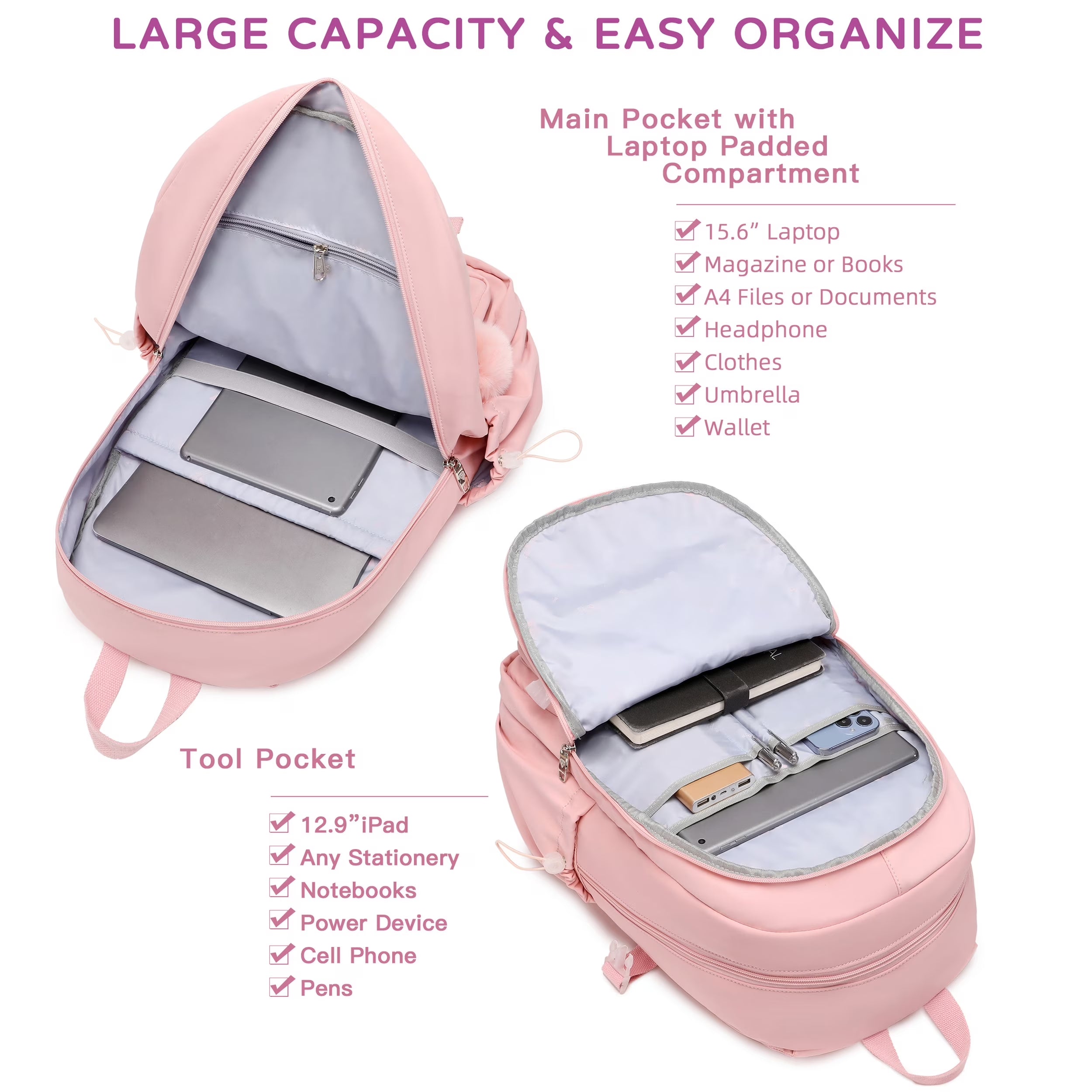 Laptop Backpack 15.6 Inch Kids Elementary Middle High School Bag College Backpacks anti Theft Travel Back Pack Large Bookbags for Teens Girls Women Students (Pink)