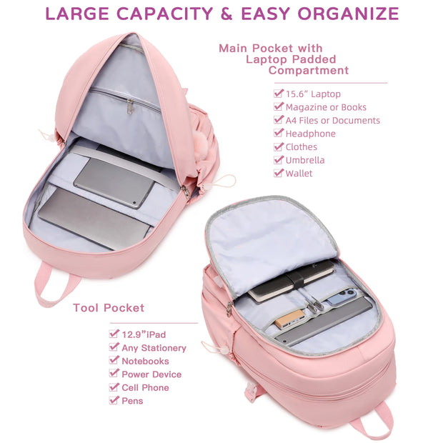 Laptop Backpack 15.6 Inch Kids Elementary Middle High School Bag College Backpacks anti Theft Travel Back Pack Large Bookbags for Teens Girls Women Students (Pink)