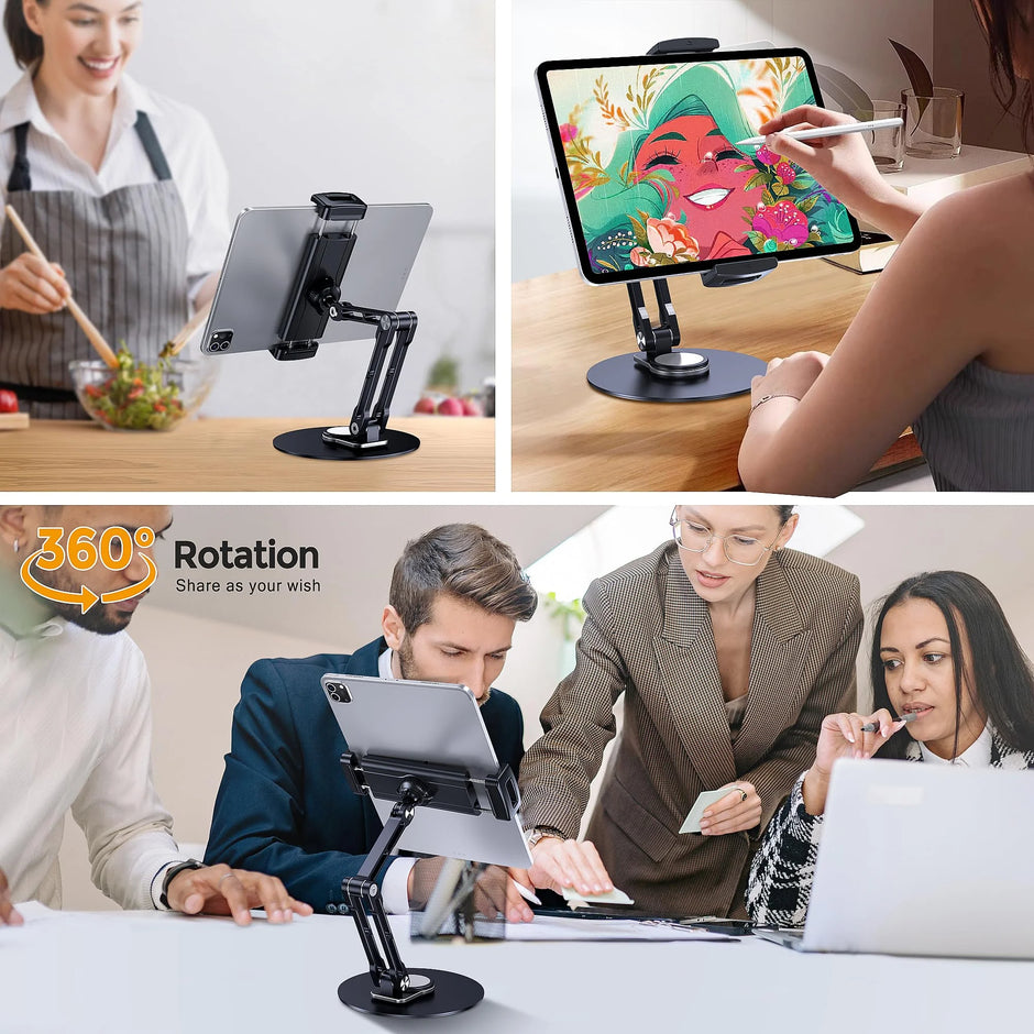 tablet Stand Holder for Ipad, Adjustable with 360 Rotating Base for Desk, Aluminum Swivel Tablet Stand Compatible with Ipad Air, Mini, 10.2,9.7, Pro 11/13 and More, Black