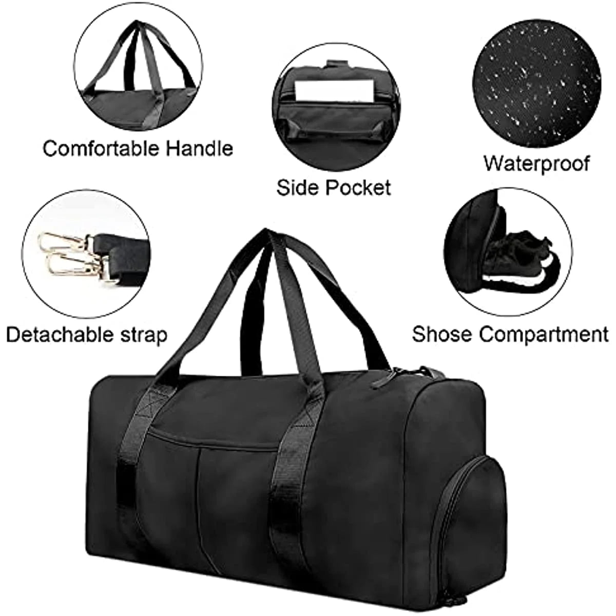 Sports Gym Bag Travel Duffel Bag Waterproof Weekender Overnight Tote Carry on Bag with Wet Pocket & Shoes Compartment for Men Women Lightweight Adjustable Strap Black