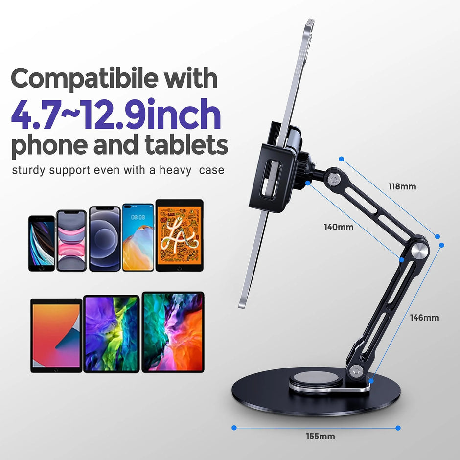 tablet Stand Holder for Ipad, Adjustable with 360 Rotating Base for Desk, Aluminum Swivel Tablet Stand Compatible with Ipad Air, Mini, 10.2,9.7, Pro 11/13 and More, Black