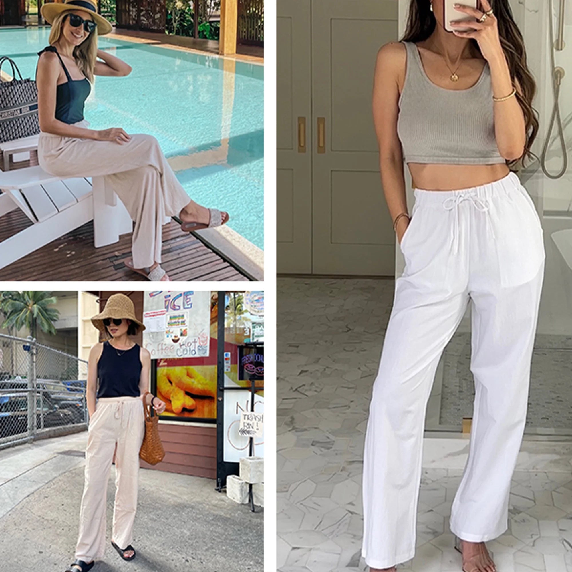 Pants for Women Wide Leg Linen Pant White Summer Casual Palazzo Flowy Pants with Pocket Drawstring Loose Lightweight Pants M