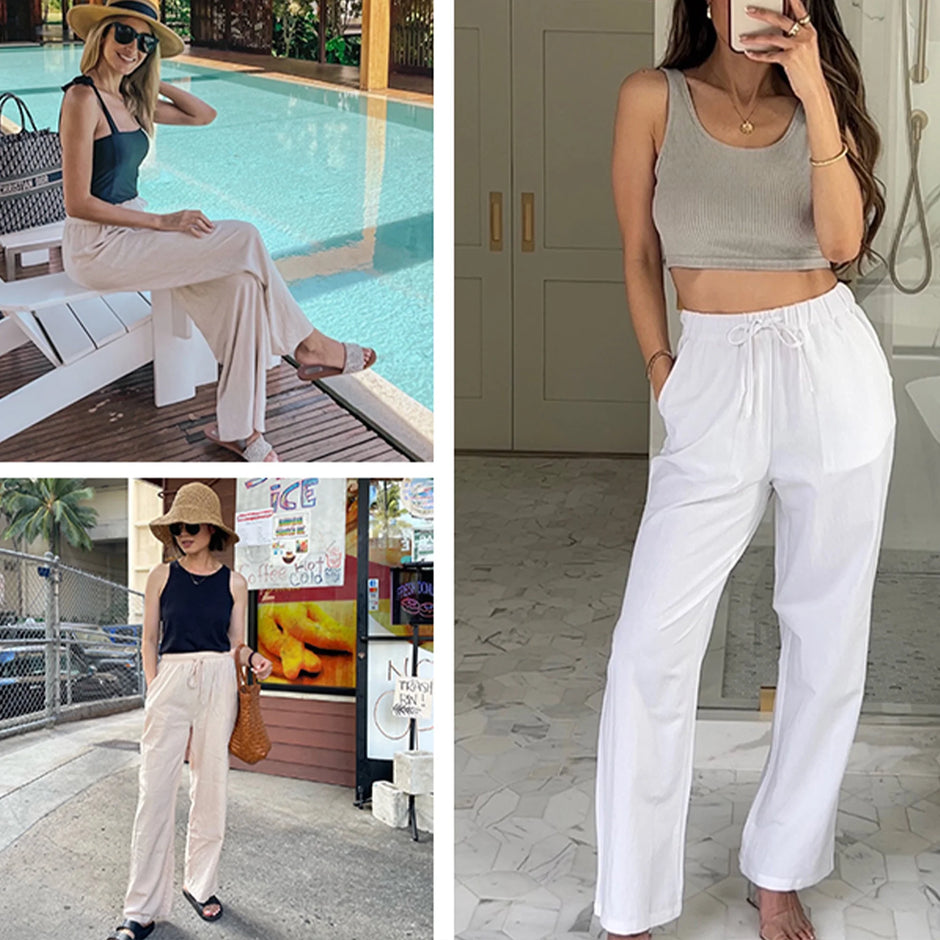 Pants for Women Wide Leg Linen Pant White Summer Casual Palazzo Flowy Pants with Pocket Drawstring Loose Lightweight Pants M