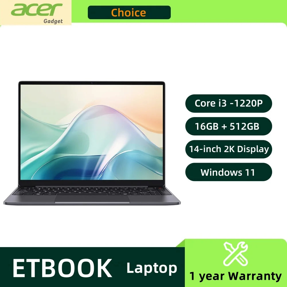 Acer e10 ETBook Gaming Laptop – Intel Core i3, 16GB RAM, 512GB SSD, 14" 2K IPS, Windows 11