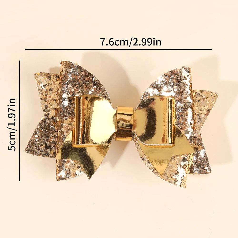 2Pcs Gold Sequin Bow Hair Clip Elegant Sparkly Glitter Leather Hairpin For Baby Girl Children's Daily Hair Headdress Accessories