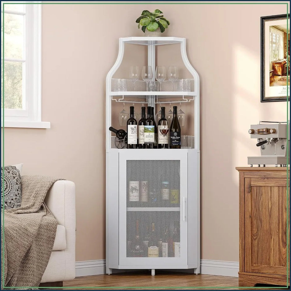 5-Tier Industrial Corner Wine Cabinet – Barn Door, Detachable Rack & Glass Holder, White