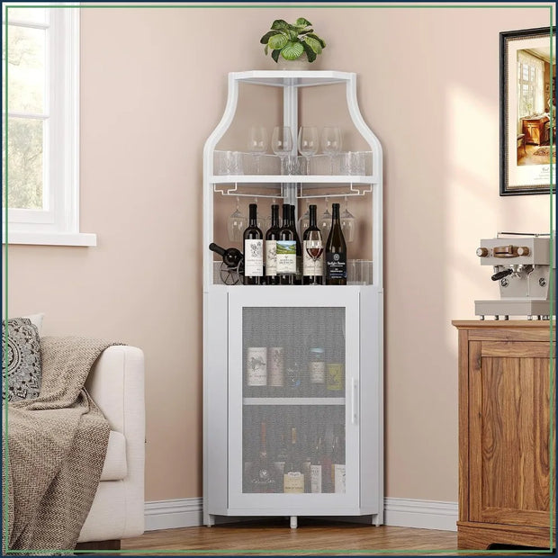5-Tier Industrial Corner Wine Cabinet – Barn Door, Detachable Rack & Glass Holder, White