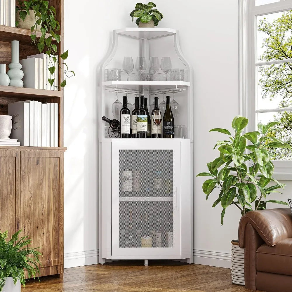 5-Tier Industrial Corner Wine Cabinet – Barn Door, Detachable Rack & Glass Holder, White