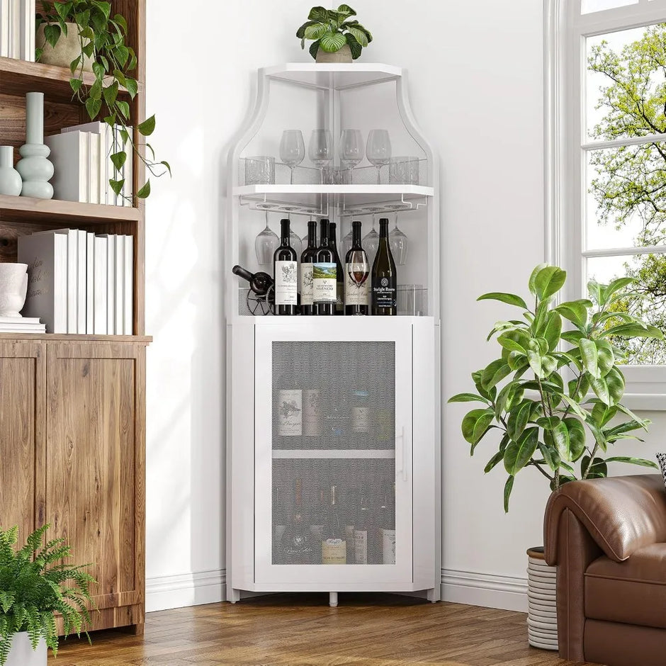5-Tier Industrial Corner Wine Cabinet – Barn Door, Detachable Rack & Glass Holder, White