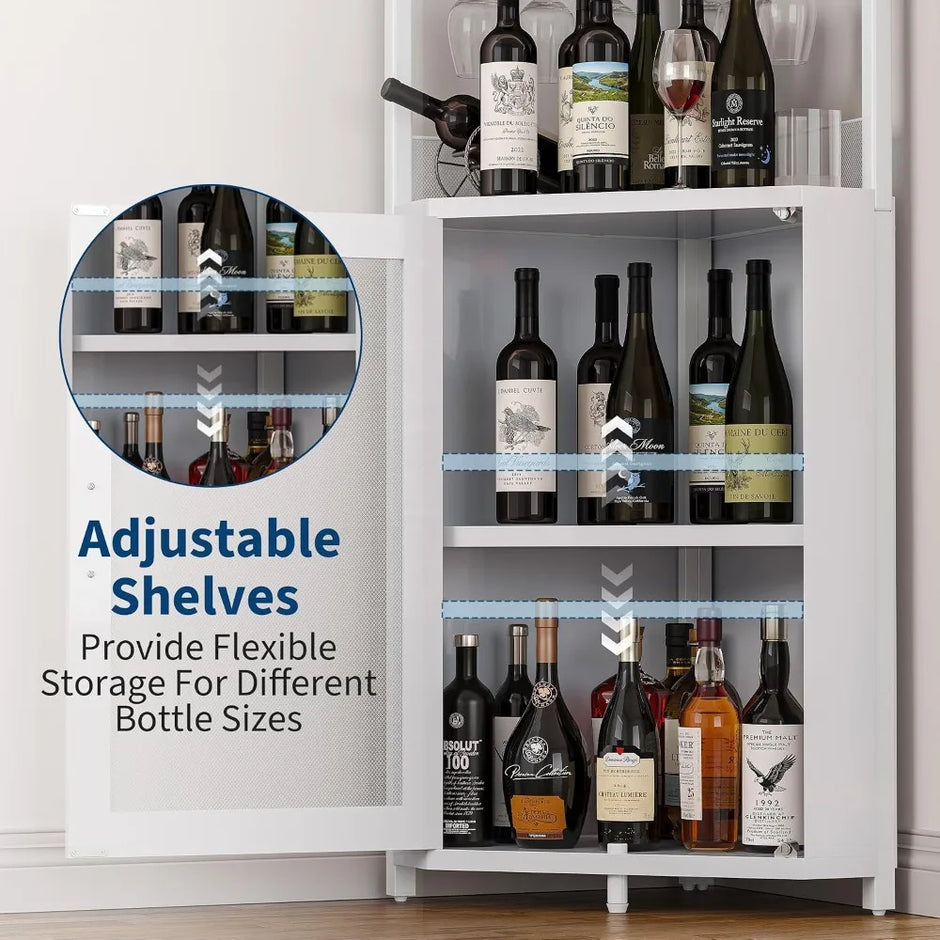 5-Tier Industrial Corner Wine Cabinet – Barn Door, Detachable Rack & Glass Holder, White