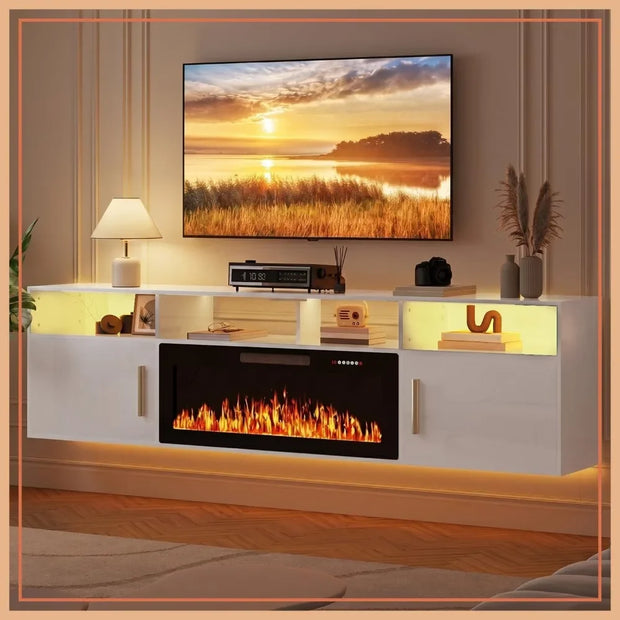 80" Floating TV Stand with 36" Electric Fireplace – Wall Mounted LED Entertainment Center with Storage