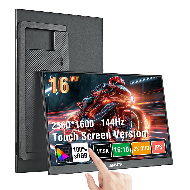 16" 2.5K 144Hz Portable Monitor | 2560×1600 IPS | 16:10 | 500 Nits | 100% sRGB | Touch Screen | USB-C | HDMI | Built-in Speakers | Laptop Switch PS4 PS5 Xbox