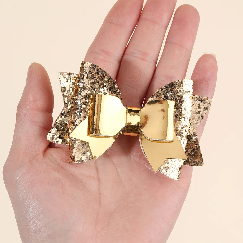 2Pcs Gold Sequin Bow Hair Clip Elegant Sparkly Glitter Leather Hairpin For Baby Girl Children's Daily Hair Headdress Accessories