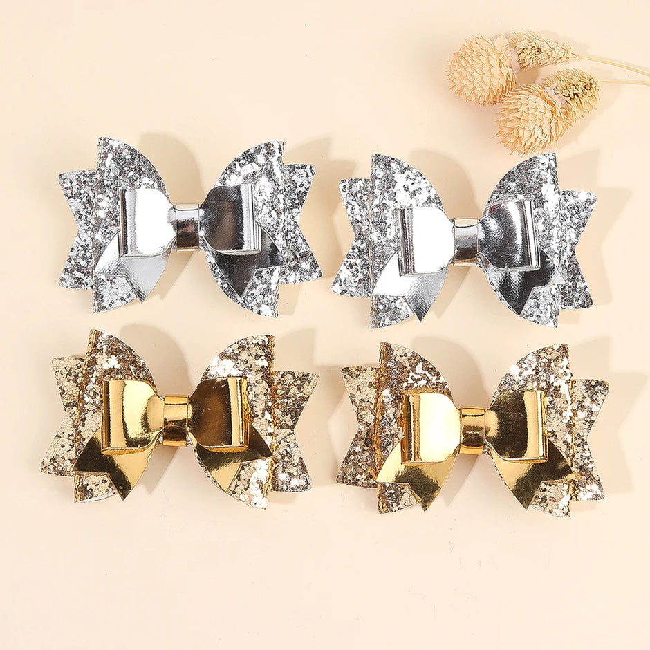 2Pcs Gold Sequin Bow Hair Clip Elegant Sparkly Glitter Leather Hairpin For Baby Girl Children's Daily Hair Headdress Accessories