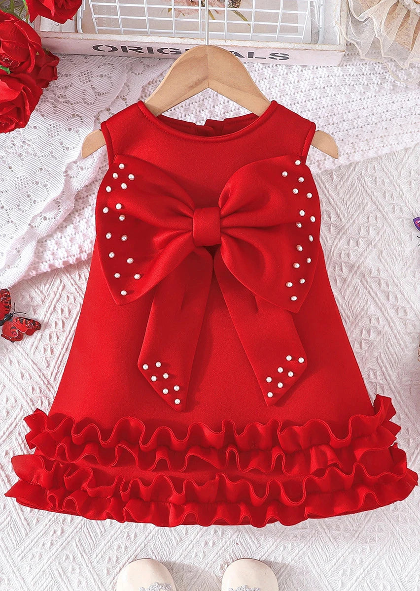 Toddler Girl Party Dress – Sleeveless Bowknot Pearl Cake Dress for Baby Girls 9M-5Y