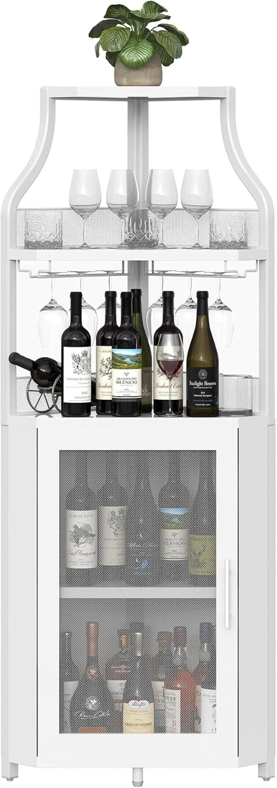 5-Tier Industrial Corner Wine Cabinet – Barn Door, Detachable Rack & Glass Holder, White