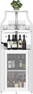 5-Tier Industrial Corner Wine Cabinet – Barn Door, Detachable Rack & Glass Holder, White