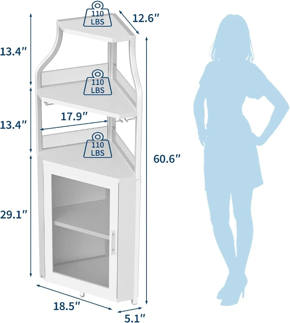 5-Tier Industrial Corner Wine Cabinet – Barn Door, Detachable Rack & Glass Holder, White
