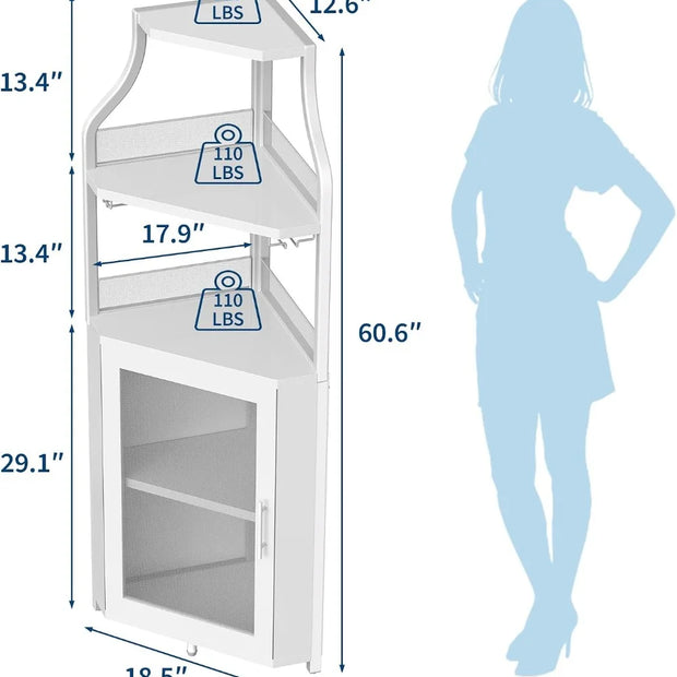 5-Tier Industrial Corner Wine Cabinet – Barn Door, Detachable Rack & Glass Holder, White
