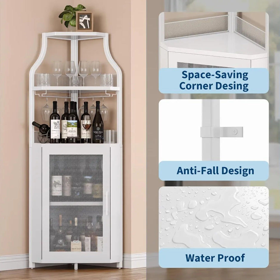5-Tier Industrial Corner Wine Cabinet – Barn Door, Detachable Rack & Glass Holder, White