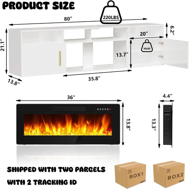 80" Floating TV Stand with 36" Electric Fireplace – Wall Mounted LED Entertainment Center with Storage