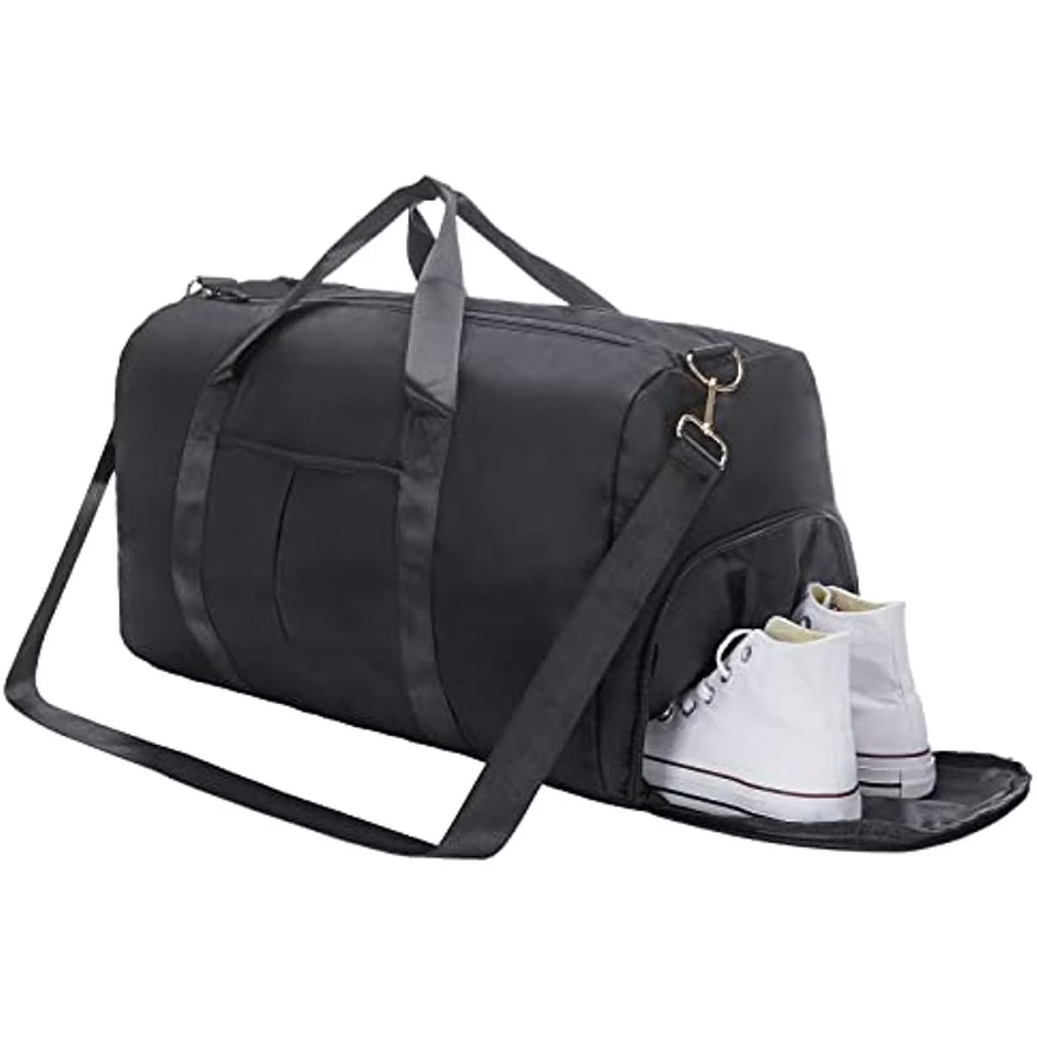 Sports Gym Bag Travel Duffel Bag Waterproof Weekender Overnight Tote Carry on Bag with Wet Pocket & Shoes Compartment for Men Women Lightweight Adjustable Strap Black