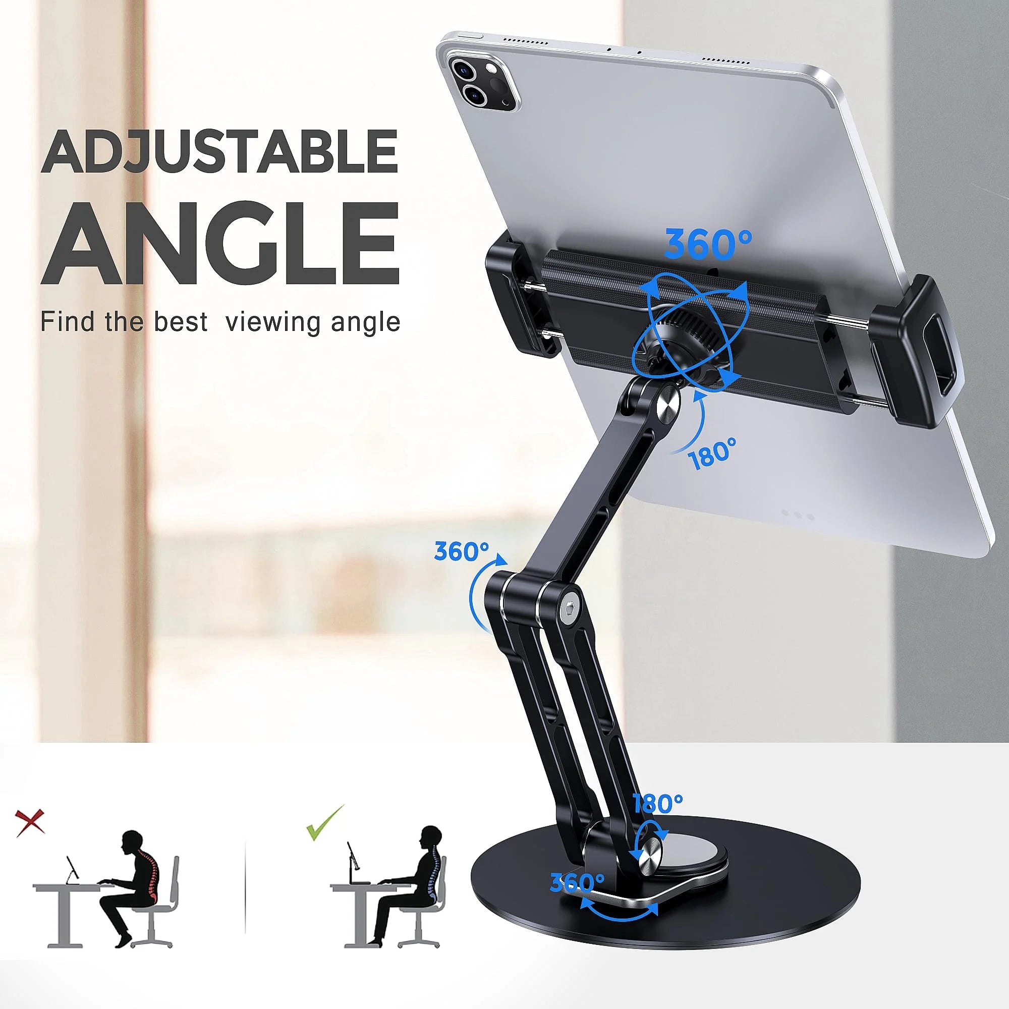 tablet Stand Holder for Ipad, Adjustable with 360 Rotating Base for Desk, Aluminum Swivel Tablet Stand Compatible with Ipad Air, Mini, 10.2,9.7, Pro 11/13 and More, Black