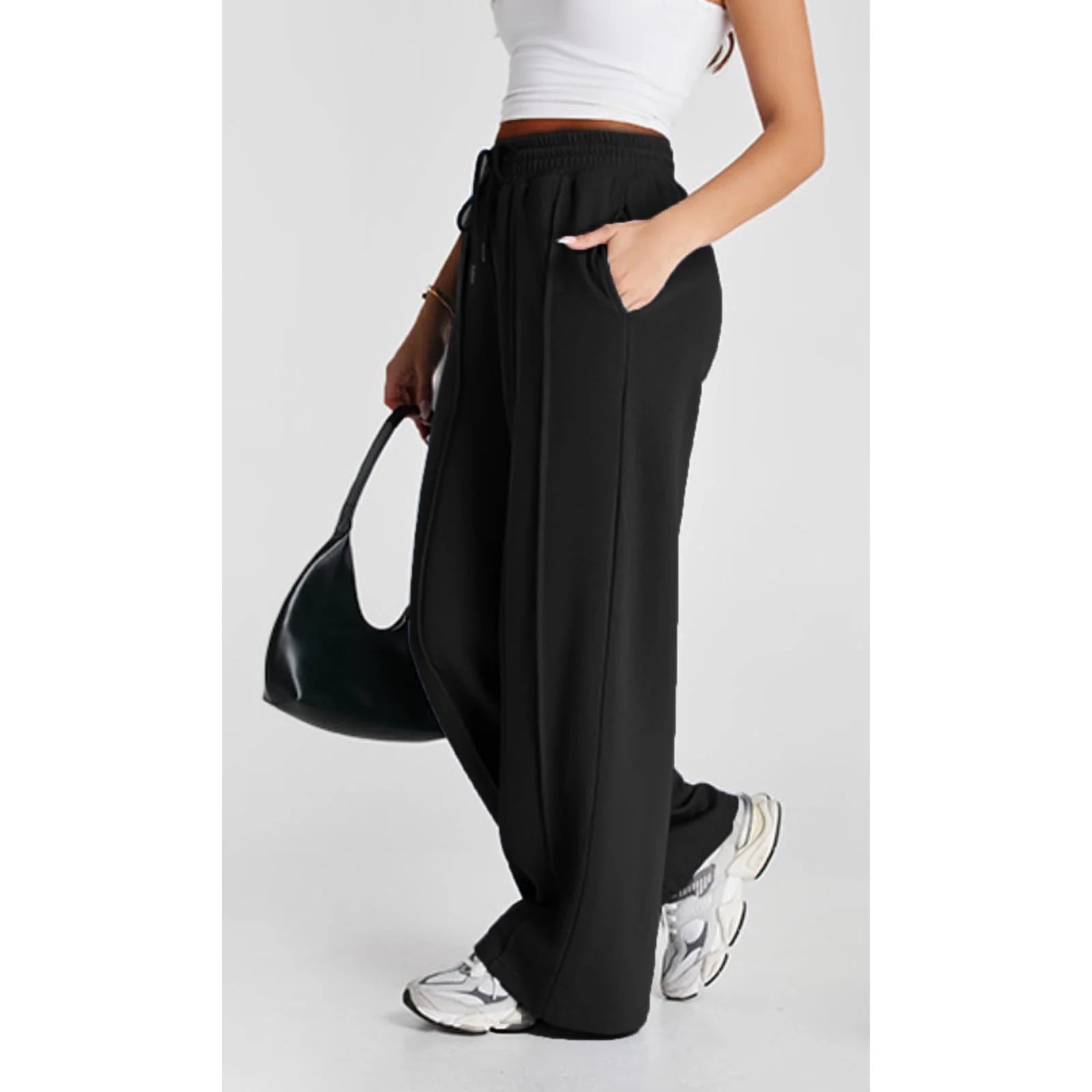 Yoga Sweatpants High Waisted for Women Elastic Elevated Seams Wide Leg Lightweight Drawstring Loose Joggers Long Pants with Pockets