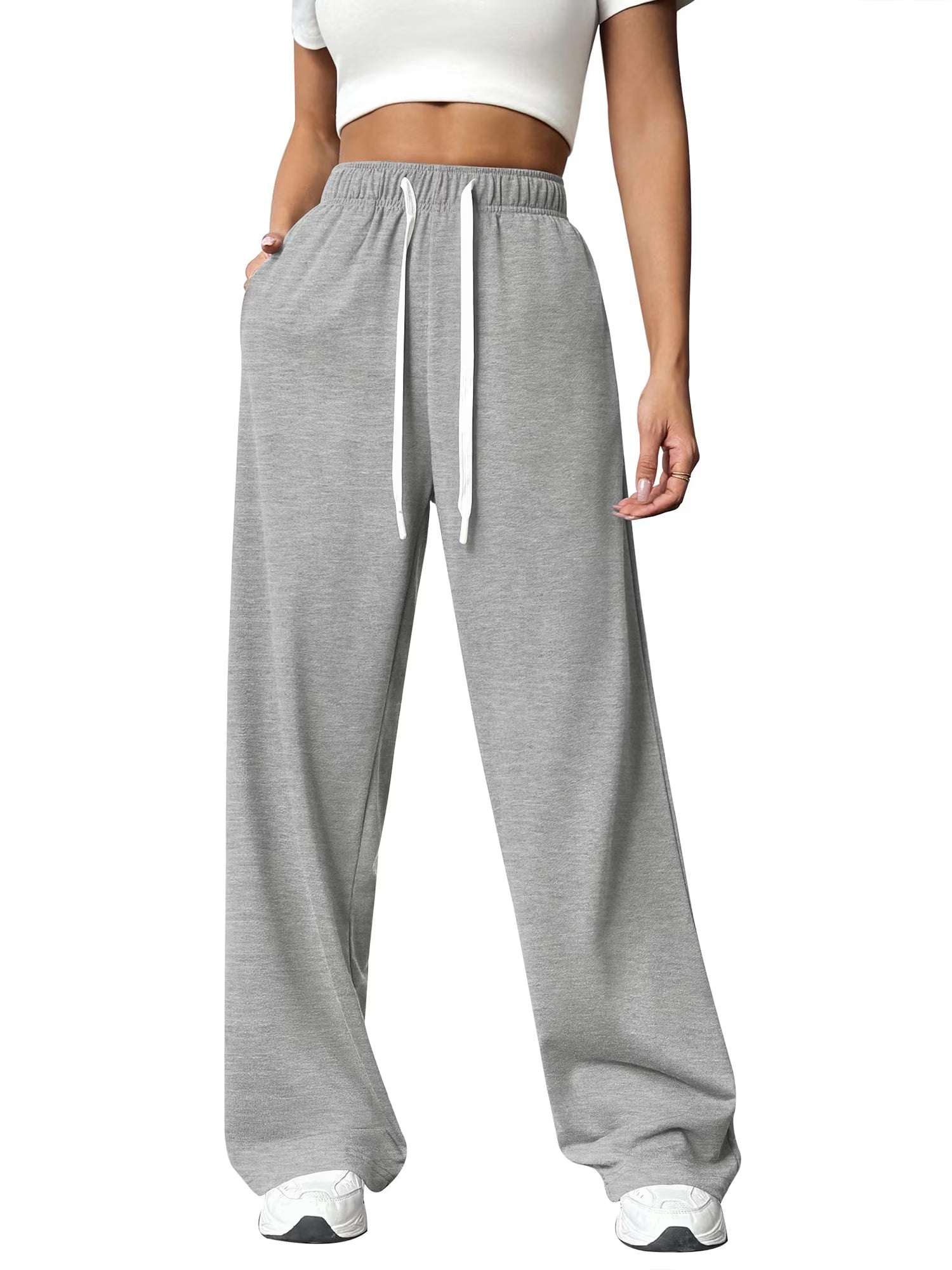 Sweatpants for Women Wide Leg Pants Fall Sweatpants with Pockets Elastic Waistband Comfy Pants Women Winter Lounge Pants Light Grey M